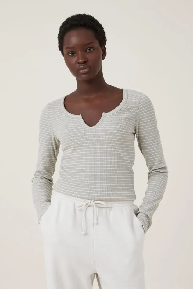 Women Tops Cotton On Willa Waffle Long Sleeve Top Chloe Stripe Desert Sageporcelain