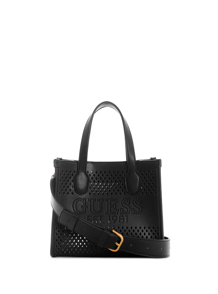 Women Tote Bags GUESS Black Katey Perf Mini Tote Bag