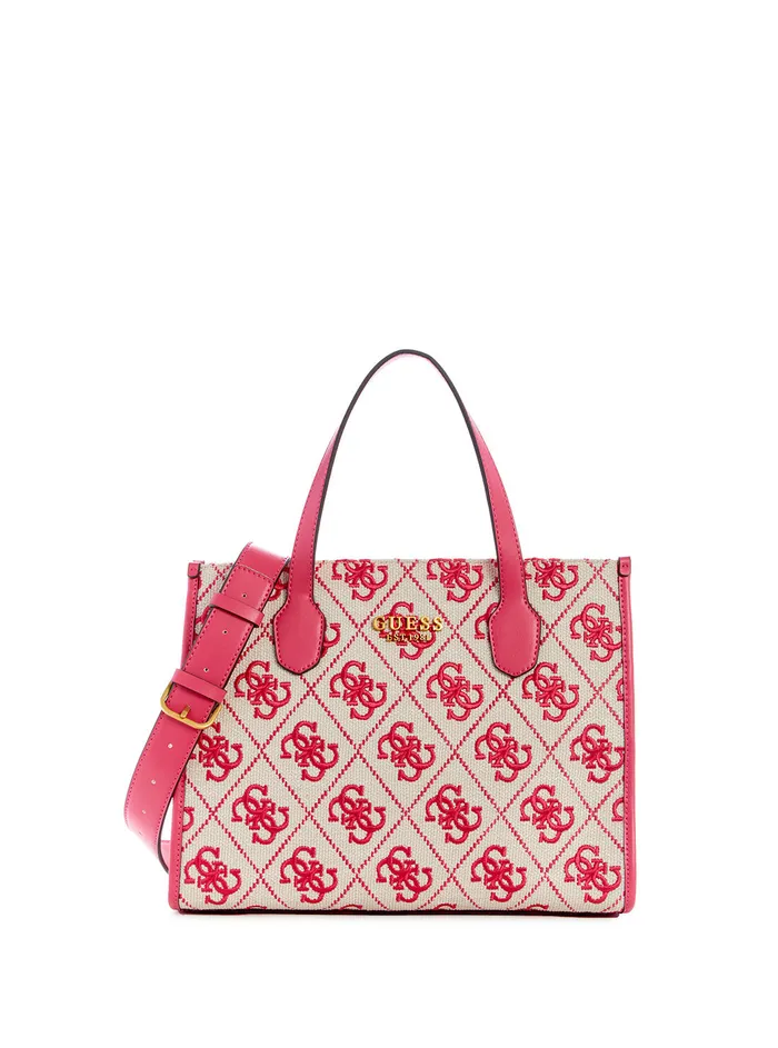 Women Tote Bags GUESS Magenta Logo Silvana Canvas Tote Bag