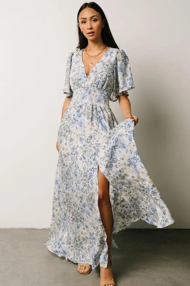 Women Verona Smocked Maxi Dress White Blue Print Baltic Born Maxi Dresses
