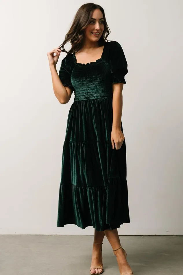 Women Vivaldi Smocked Velvet Midi Dress Dark Green Baltic Born Midi Dresses