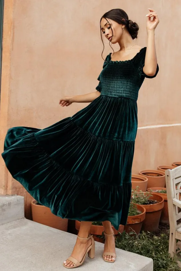 Women Vivaldi Smocked Velvet Midi Dress Dark Green Baltic Born Midi Dresses Women Vivaldi Smocked Velvet Midi Dress Dark Green Baltic Born Midi Dresses