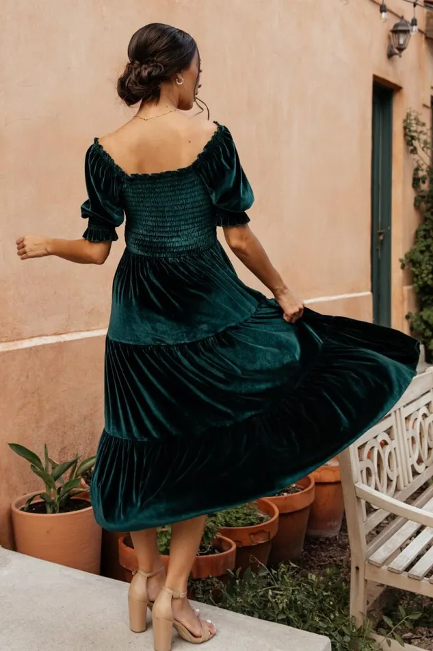 Women Vivaldi Smocked Velvet Midi Dress Dark Green Baltic Born Midi Dresses Women Vivaldi Smocked Velvet Midi Dress Dark Green Baltic Born Midi Dresses