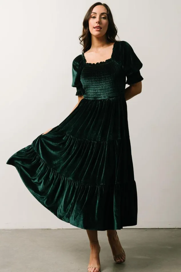 Women Vivaldi Smocked Velvet Midi Dress Dark Green Baltic Born Midi Dresses Women Vivaldi Smocked Velvet Midi Dress Dark Green Baltic Born Midi Dresses