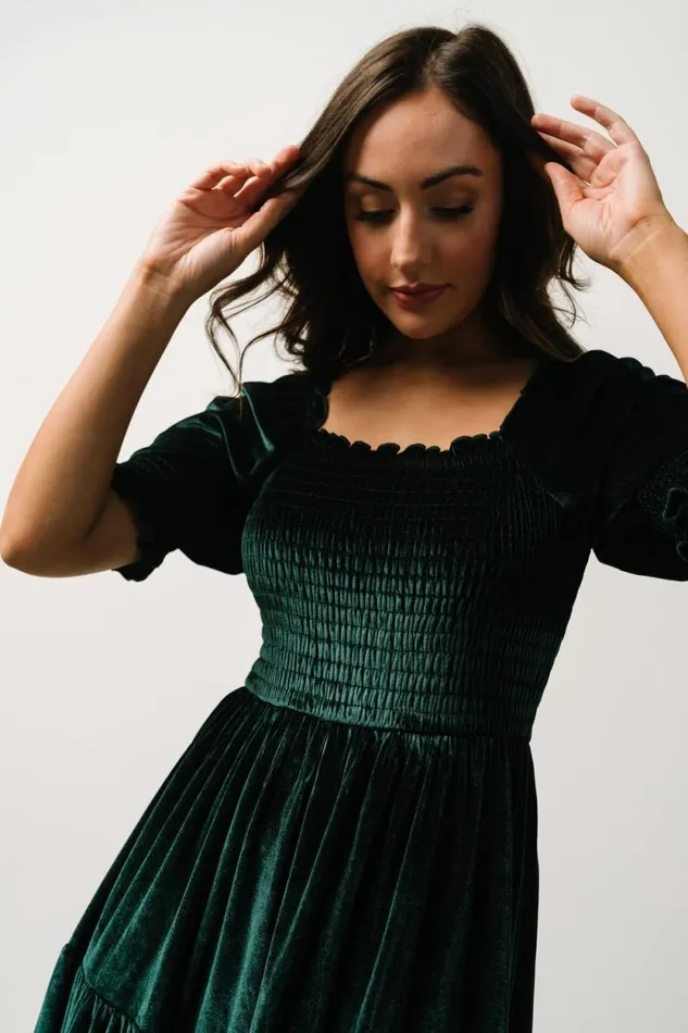 Women Vivaldi Smocked Velvet Midi Dress Dark Green Baltic Born Midi Dresses Women Vivaldi Smocked Velvet Midi Dress Dark Green Baltic Born Midi Dresses