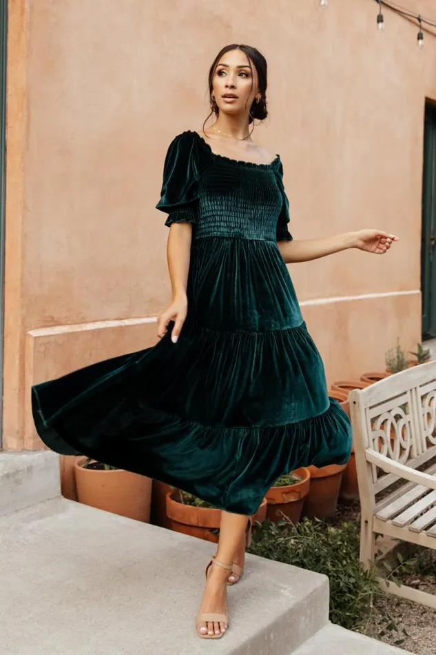 Women Vivaldi Smocked Velvet Midi Dress Dark Green Baltic Born Midi Dresses Women Vivaldi Smocked Velvet Midi Dress Dark Green Baltic Born Midi Dresses