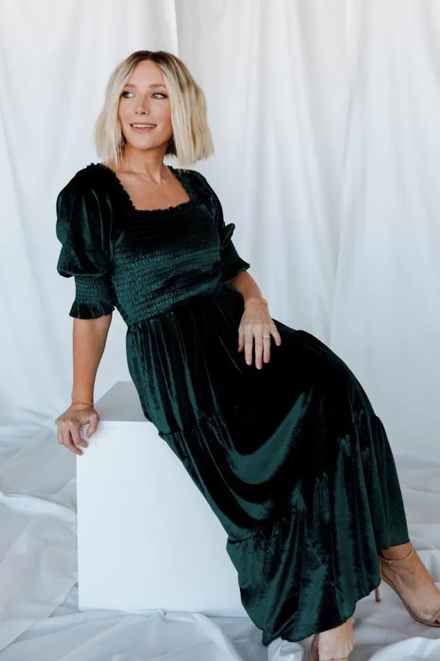 Women Vivaldi Smocked Velvet Midi Dress Dark Green Baltic Born Midi Dresses Women Vivaldi Smocked Velvet Midi Dress Dark Green Baltic Born Midi Dresses