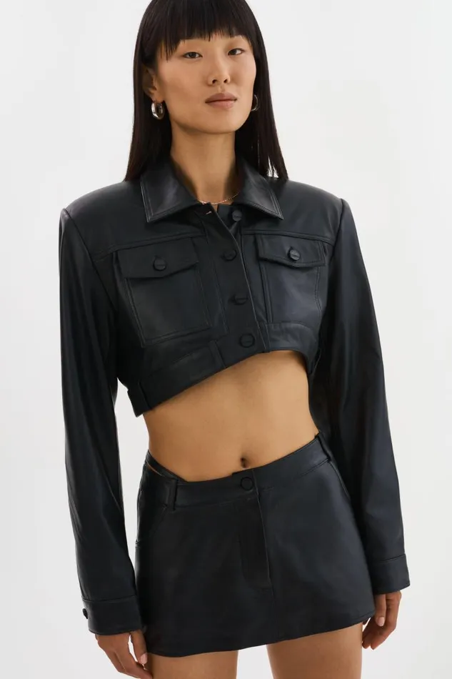 Women XANDY Cropped Leather Jacket Black LAMARQUE Leather Jackets