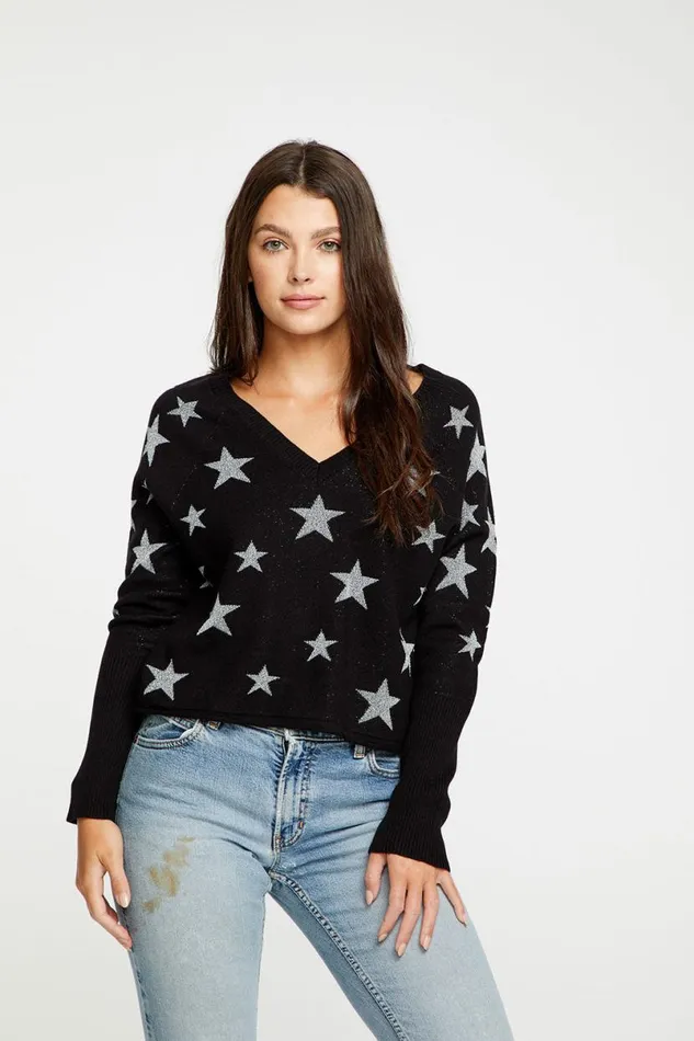 Womens Outerwear Chaser Brand Star Intarsia VNeck Raglan Pullover