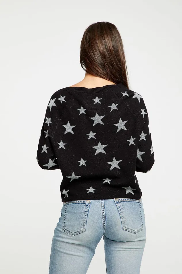 Womens Outerwear Chaser Brand Star Intarsia VNeck Raglan Pullover