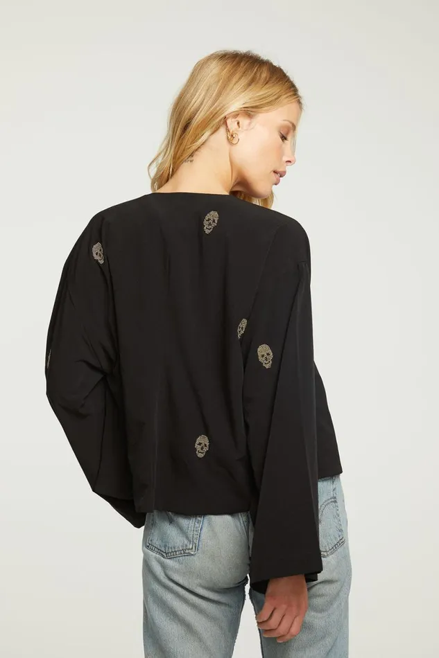 Womens Tops Chaser Brand Beaded Skulls Open Bed Jacket