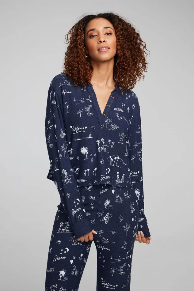 Womens Tops Chaser Brand Cali All Over Icons Henley Top