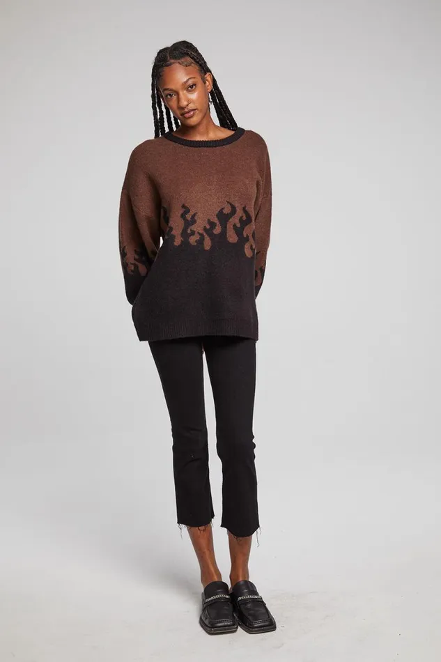 Womens Tops Chaser Brand Foxy Sweater Flames Golden Pullover