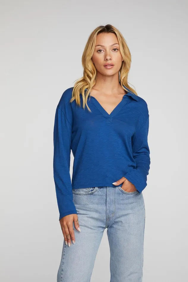Womens Tops Chaser Brand Gauze Jersey Cropped Polo With Distressed Detail Long Sleeve