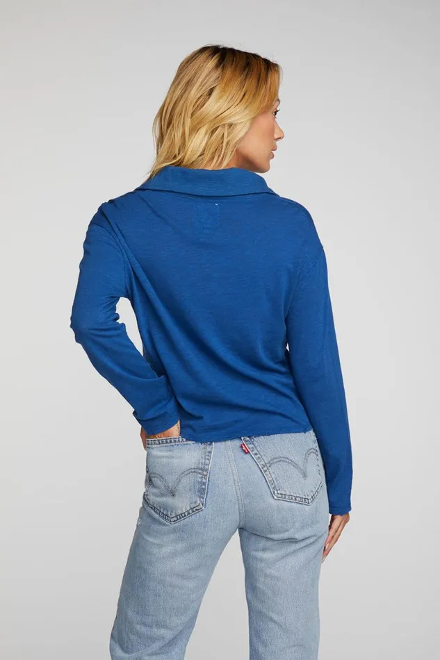 Womens Tops Chaser Brand Gauze Jersey Cropped Polo With Distressed Detail Long Sleeve
