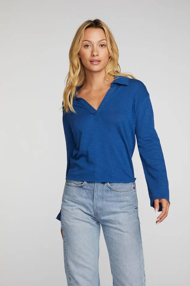 Womens Tops Chaser Brand Gauze Jersey Cropped Polo With Distressed Detail Long Sleeve