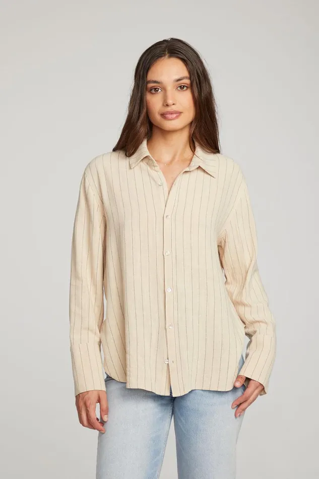 Womens Tops Chaser Brand Helena White Pinstripe Button Down