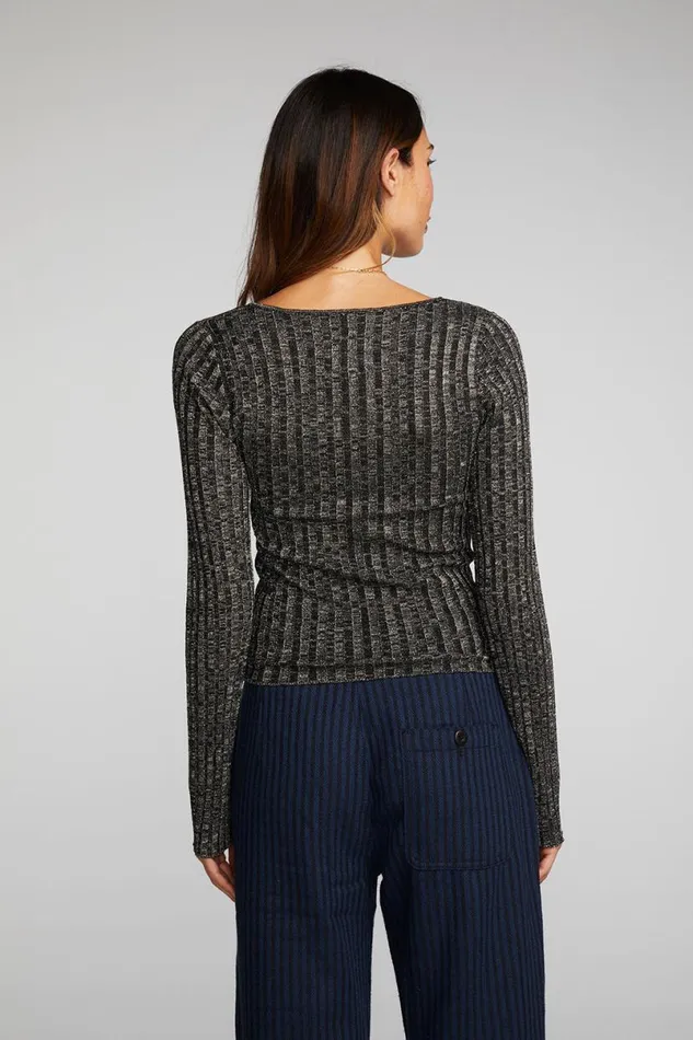 Womens Tops Chaser Brand Lurex Rib Knit Long Sleeve Top With Open Keyhole