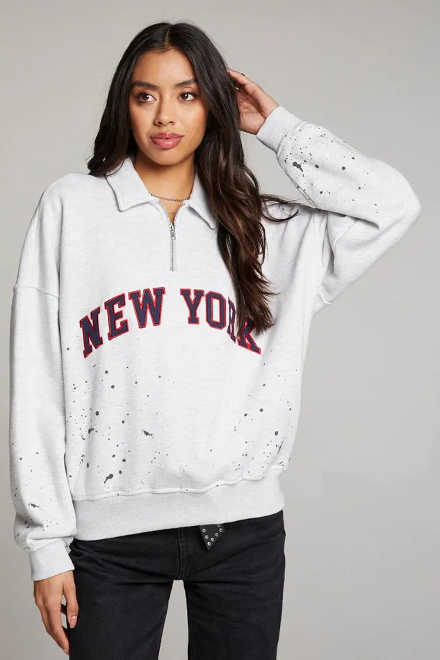 Womens Tops Chaser Brand New York Splatter Paint Half Zip Long Sleeve