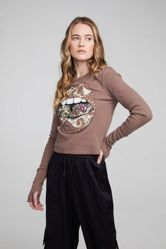 Womens Tops Chaser Brand Paisley Lips Long Sleeve