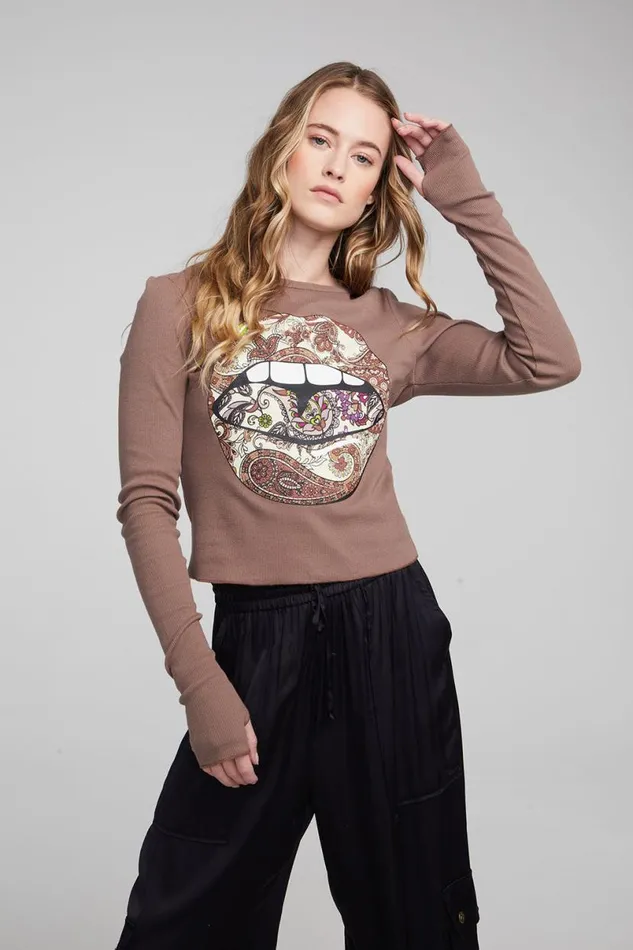Womens Tops Chaser Brand Paisley Lips Long Sleeve
