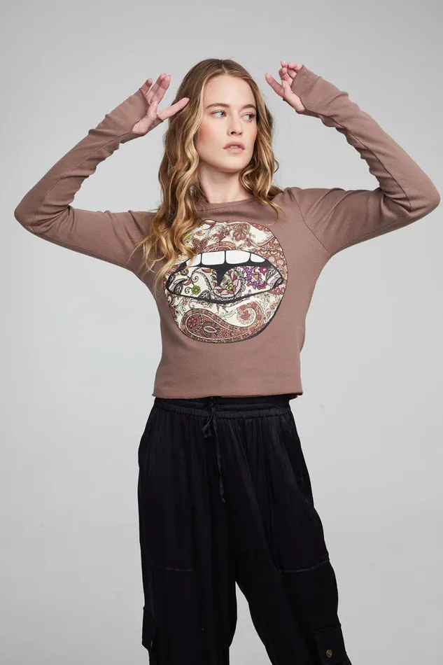 Womens Tops Chaser Brand Paisley Lips Long Sleeve