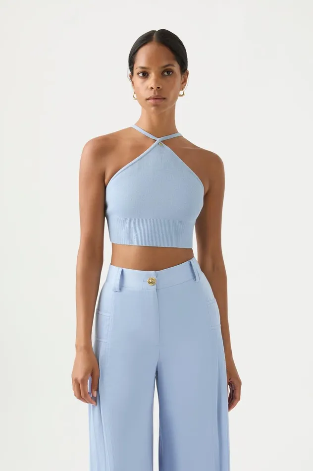Xanthe Halter Knit Crop Top Steel Blue Women Aje Body 038 Crepe Knit
