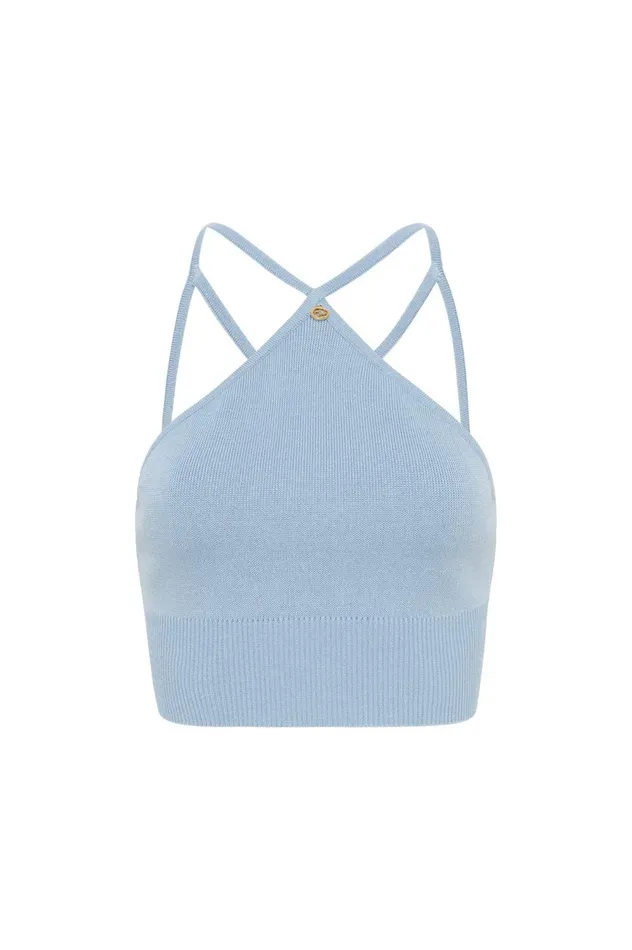 Xanthe Halter Knit Crop Top Steel Blue Women Aje Body 038 Crepe Knit