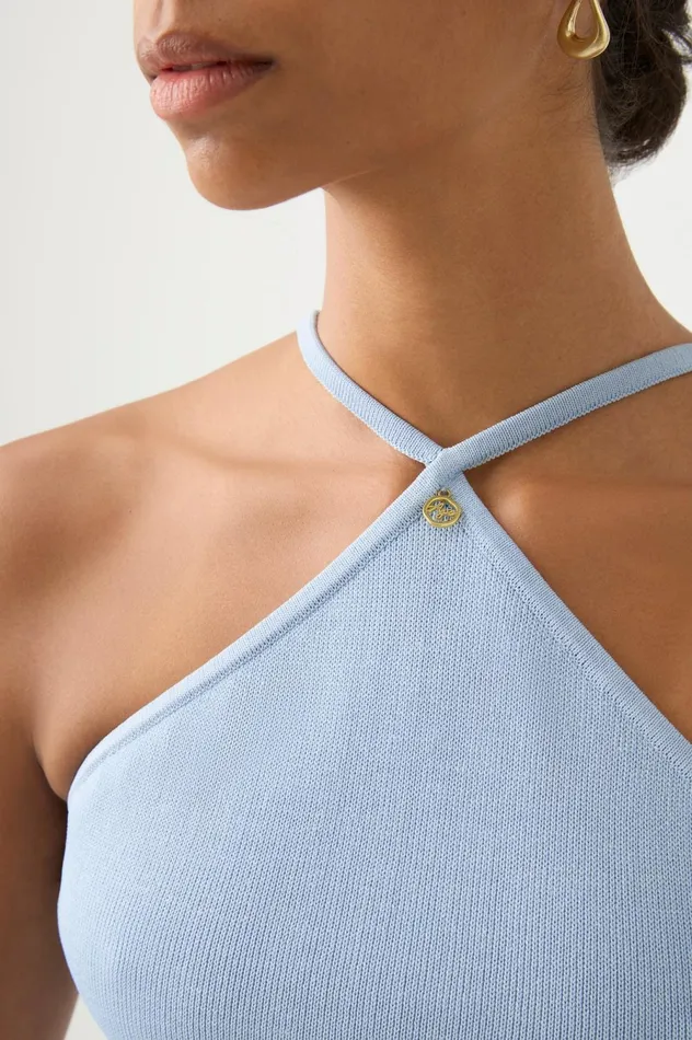 Xanthe Halter Knit Crop Top Steel Blue Women Aje Body 038 Crepe Knit