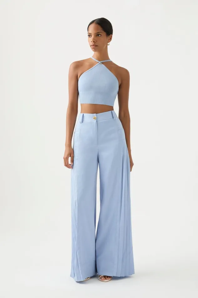 Xanthe Halter Knit Crop Top Steel Blue Women Aje Body 038 Crepe Knit