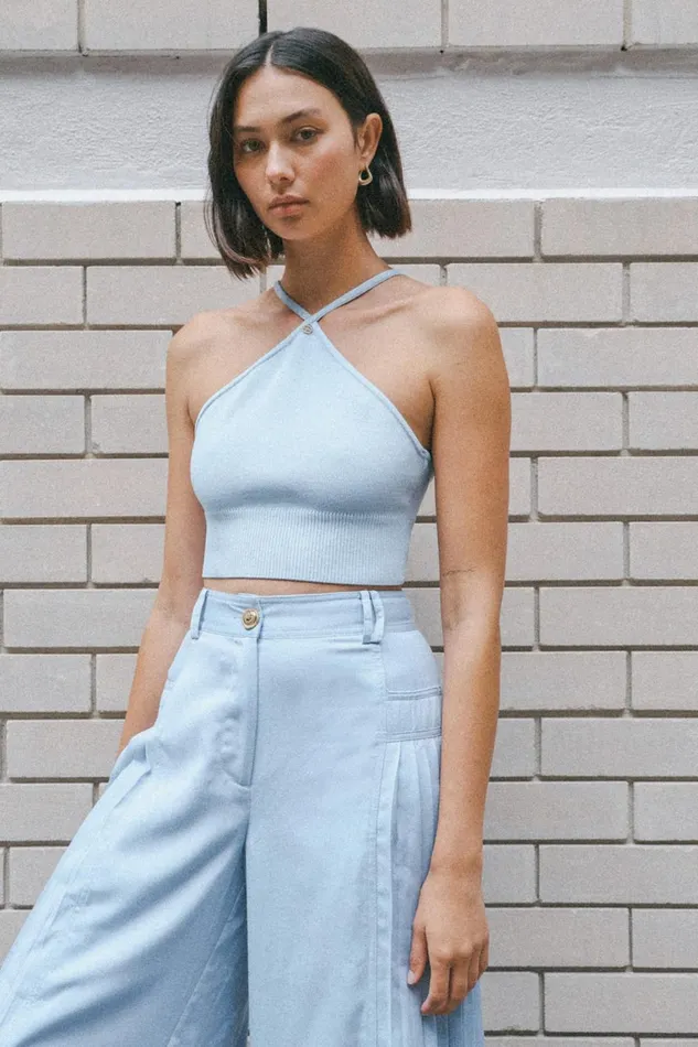 Xanthe Halter Knit Crop Top Steel Blue Women Aje Body 038 Crepe Knit