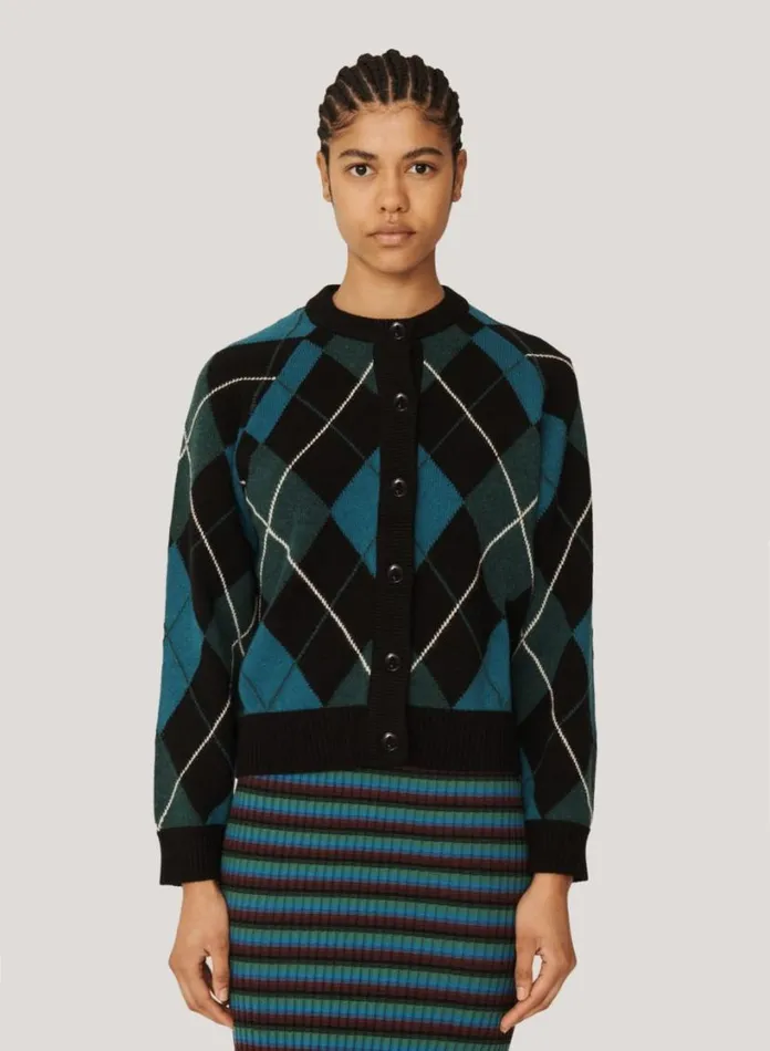 YMC Atomic Argyle Knit Cardigan Black Multi Womens Knitwear