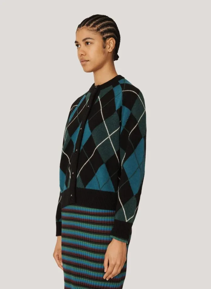 YMC Atomic Argyle Knit Cardigan Black Multi Womens Knitwear