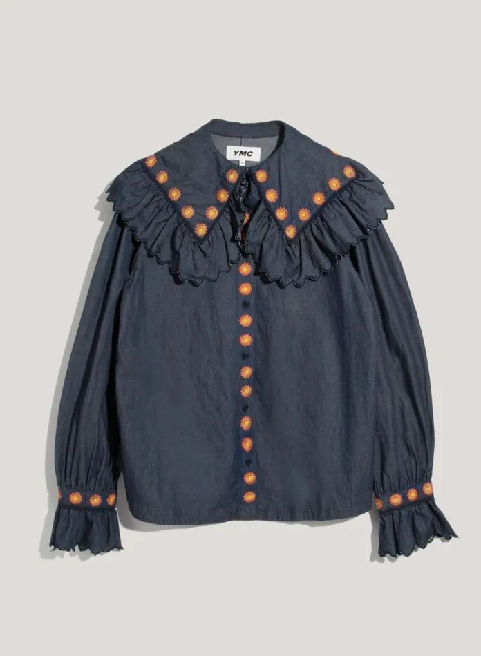 YMC Blossom Embroidered Denim Shirt Indigo Womens Shirts