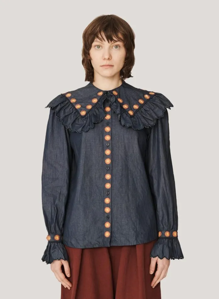 YMC Blossom Embroidered Denim Shirt Indigo Womens Shirts