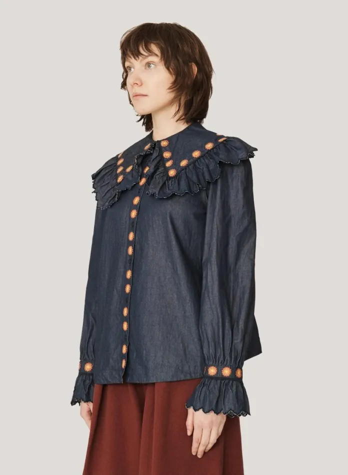 YMC Blossom Embroidered Denim Shirt Indigo Womens Shirts